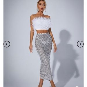 Ansley Strapless Feather Mesh Skirt Set In White - Small